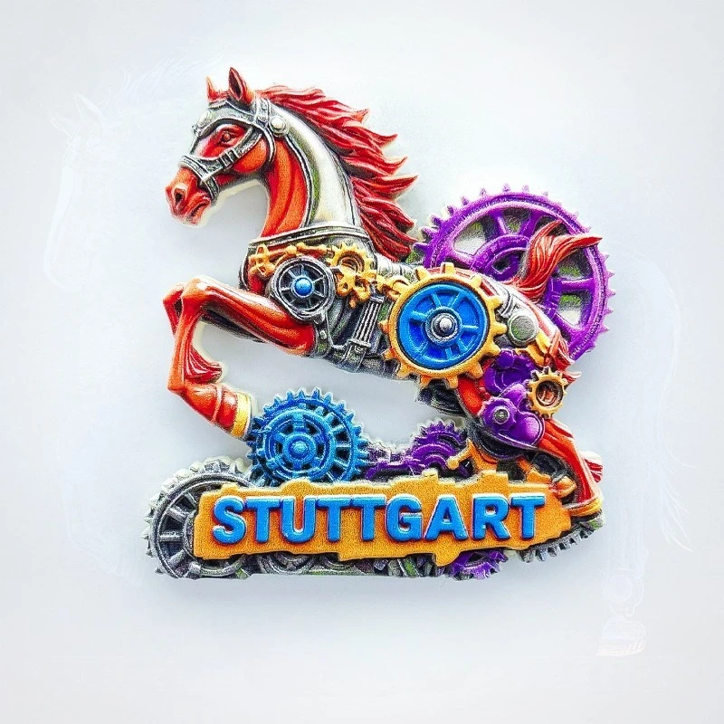 Stuttgart Germany Fridge Magnet - Industrial 3D Mechanical Horse Souvenir Unique Engineering Art Gift for Travel & Modern Decor