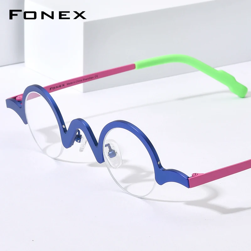 FONEX Pure Titanium Eyeglasses Women Brand Design Retro Vintage Small Round Glasses Frame Men Semi-Rimless Half Eyewear 85810