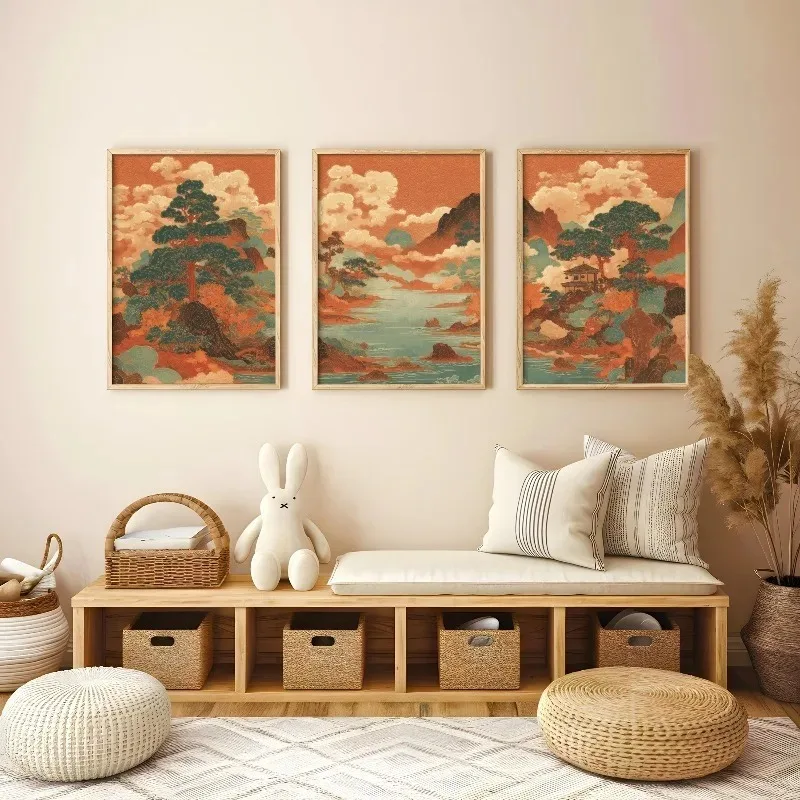 3PCS Frameless,3Pcs Vintage Japanese Ukiyo-e Red Landscape Canvas Wall Art Boho Aesthetic Poster Living Room Home Decor