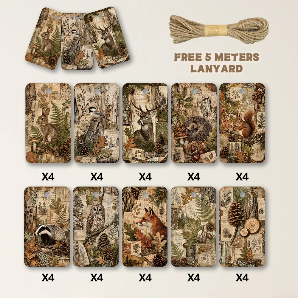 40pcs, Gift Tags, Vintage Forest Animal Collage, Hanging Paper Labels for Gift Wrapping, Holiday Party Decor with String