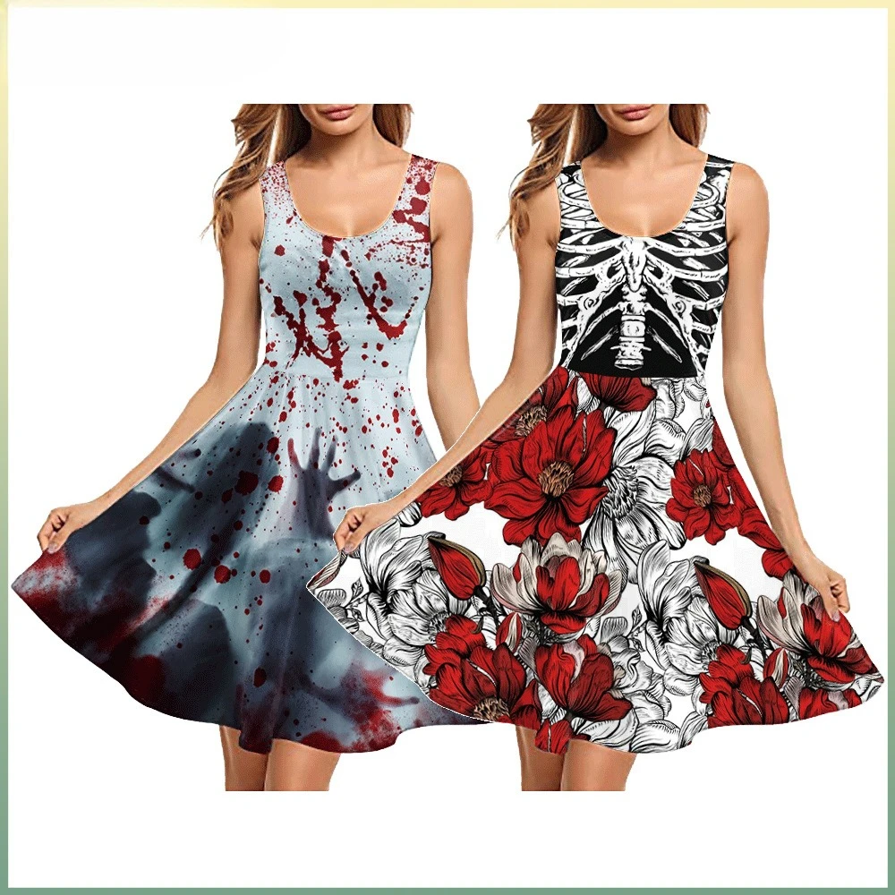 

Halloween Party Dress 3D Skeleton Print Women Halter Dress Gothic Harajuku Dress Sexy Street Ladies Clothing