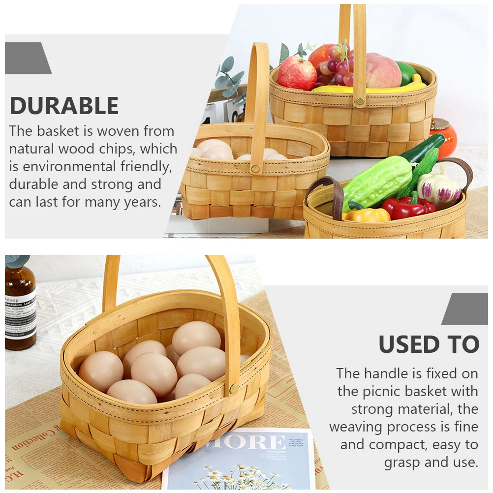 

1pc Wooden Picnic Basket For 2 People Natural Woven Storage Basket With Handle For Camping Snacks Fruits Vegetables Flower