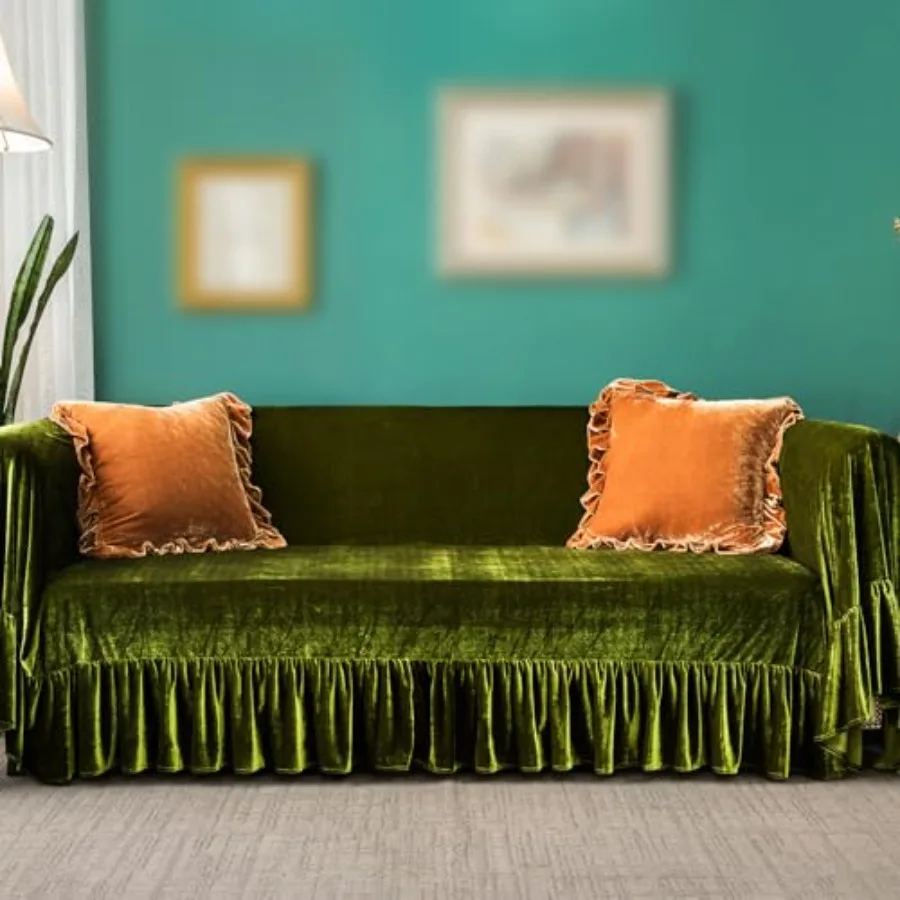 

Velvet Sofa Cover Soft Decorative Luxurious Solid Exquisite Ruffle Trim, Retro Farmhouse Vintage Sofa Slipcover Couch Cover for