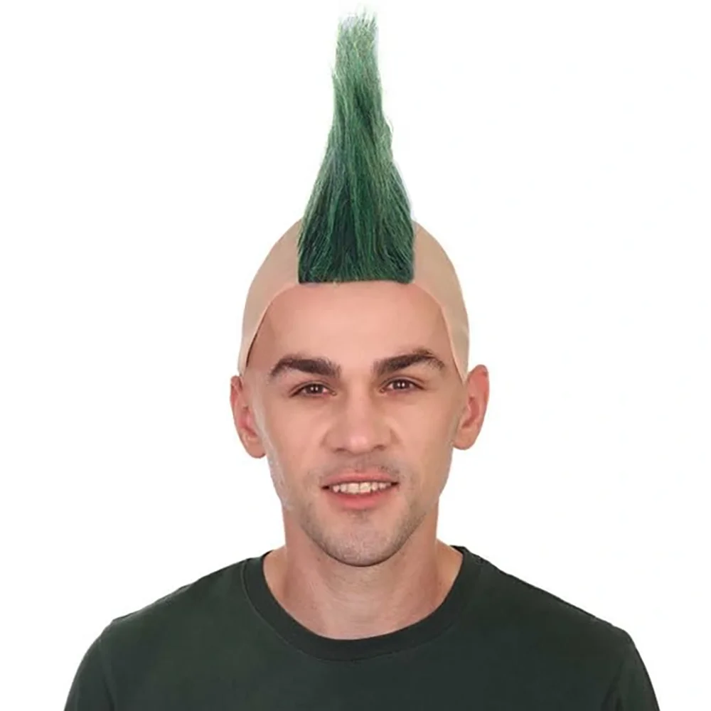 REEWES Adult Men’s Mohawk Wig Cosplay Halloween Celebrity Wig Bald Cap Design Synthetic Fiber Green Color