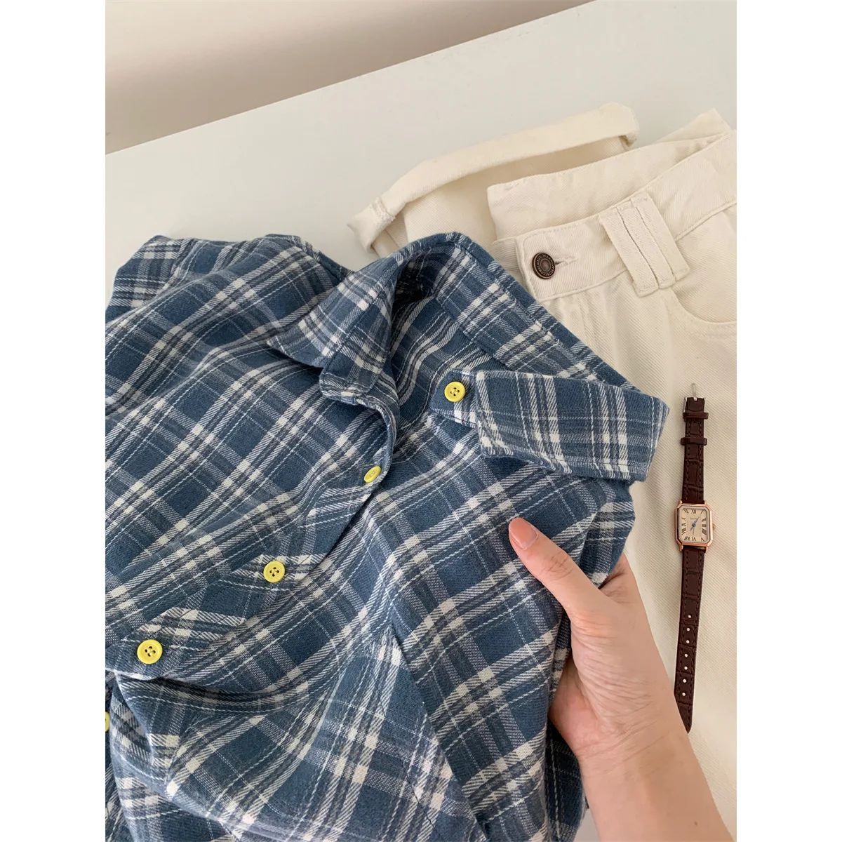 Brushed Blue Plaid Shirts For Women Spring Autumn Korean Loose And Slimming Casual Shirt