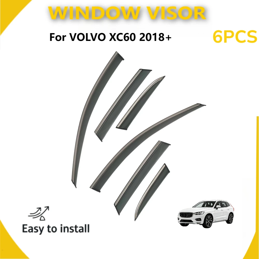 Injection Molded PC Side Window Rain Deflector 6Pcs Fits Volvo XC60 2018+, UV Protective Water Repellent Door Vent Exterior Trim