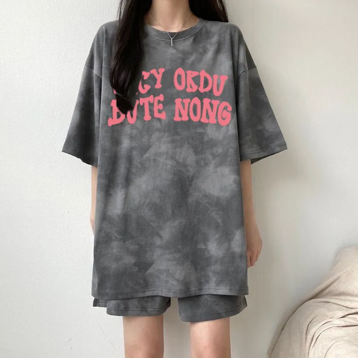 Codzienne noszenie Top Spodnie 2-częściowe/zestaw Damskie T-shirt Szorty Zestaw Tie Dye Luźny Luźny Średniej Długości Top Mini Szorty Plus Size Zestawy Sportowe