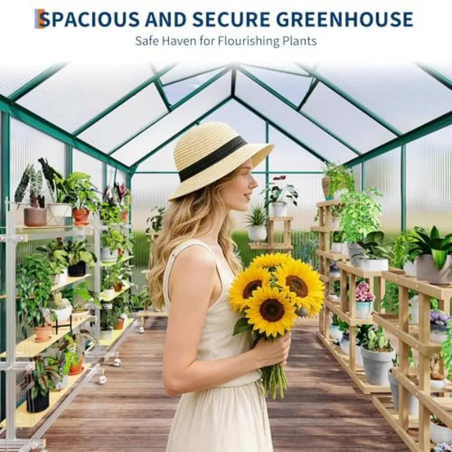 Outdoor greenhouse for garden planting, polycarbonate panels with enhanced aluminum frame green, 6x8 ft,durable and UV-resistan