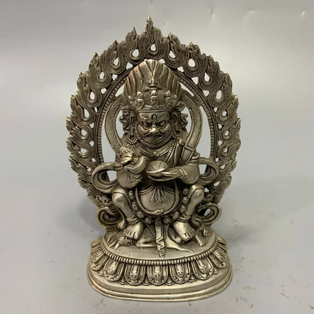 17cm Tantric Buddha Statue White Copper Silver Two Armed Mahagala Buddha Statue