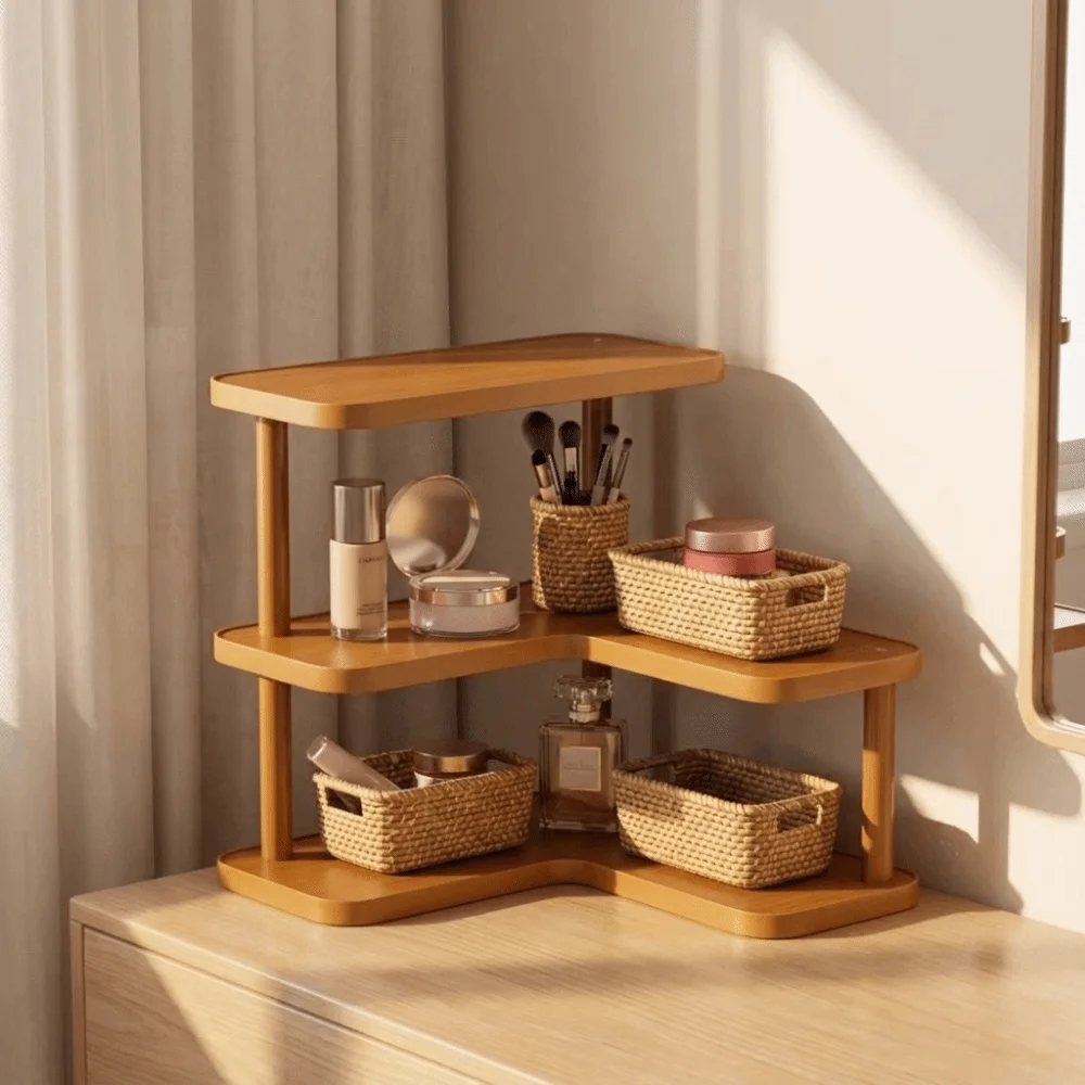 Bamboo Corner Desktop Shelves L-Shaped Rounded Edges Multi-layer Storage Shelf Large Capacity Space Saving Makeup Organizer