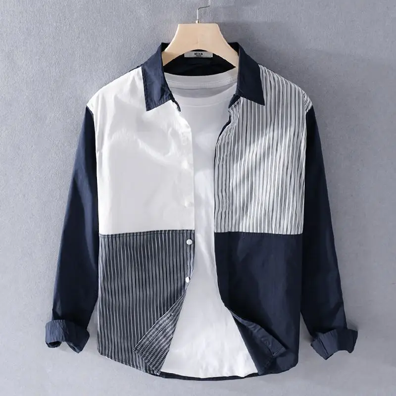 Spring Autumn New Fashion POLO Collar Long Sleeve Patchwork Men\'s Clothing Blouse Color Blocking Striped Korean Single Shirts