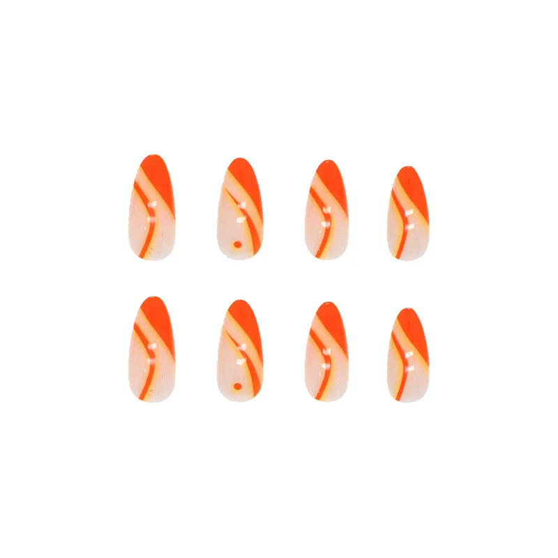 24pcs Simple French Orange Press on Nails with Glue Almond Shape Cheap Nail Tips Full Set Medium Long False Nails for Girls 2024