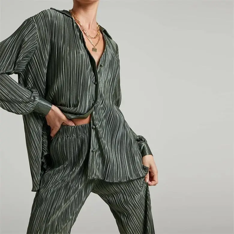 Faionable Women's Pleated Long Sve Collar irt Set Ele Casual Outfit Summer  Collection Sli Ensemble