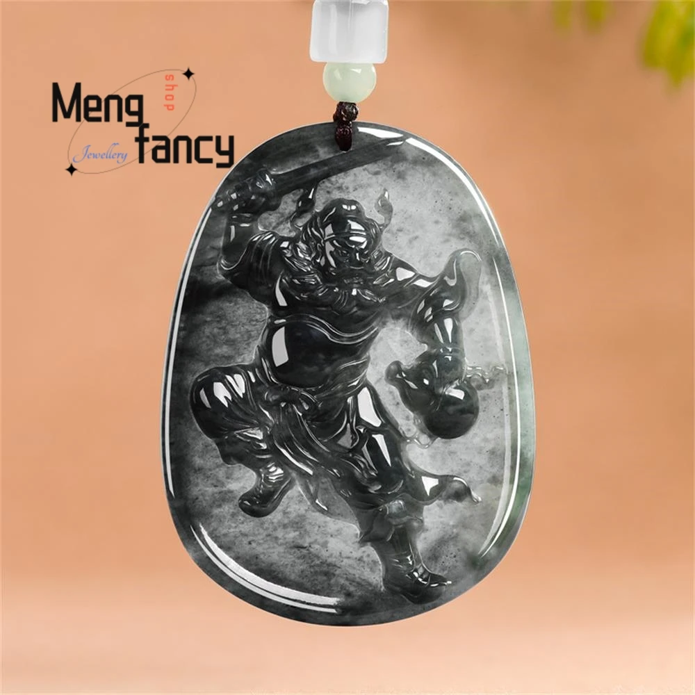 

High-grade Natural A-grade Jadeite Ink Jade Suppressing Demons Zhong Kui Pendant Personality National Style Fashion Fine Jewelry