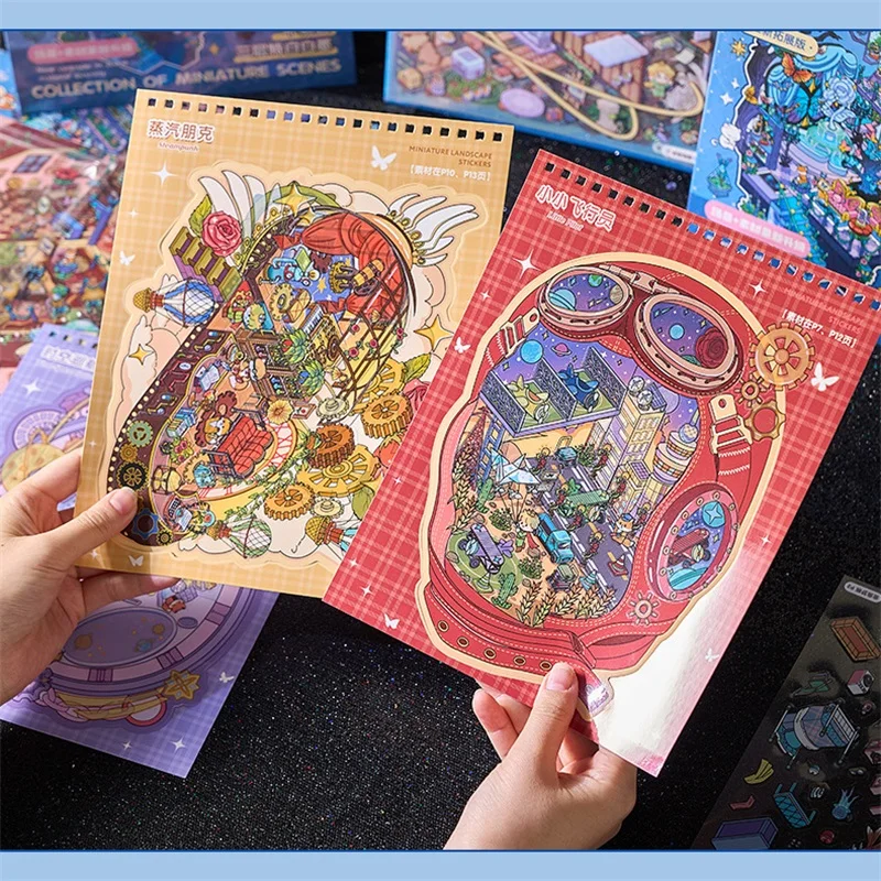 Pegatinas de escena en miniatura de dibujos animados 3D Kawaii, colección de libros, pegatinas apilables de casa de bolsillo, decoración artesanal para álbum de recortes