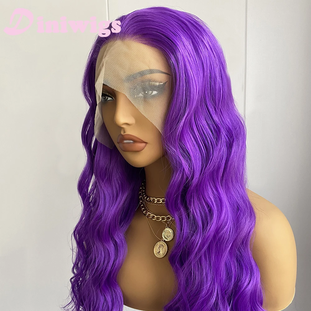 Diniwigs الأرجواني شعر مستعار موجة فضفاضة طويلة الدانتيل الجبهة بيروكات صناعية شعري طبيعي الاستخدام اليومي شعر مستعار للنساء ألياف مقاومة للحرارة
