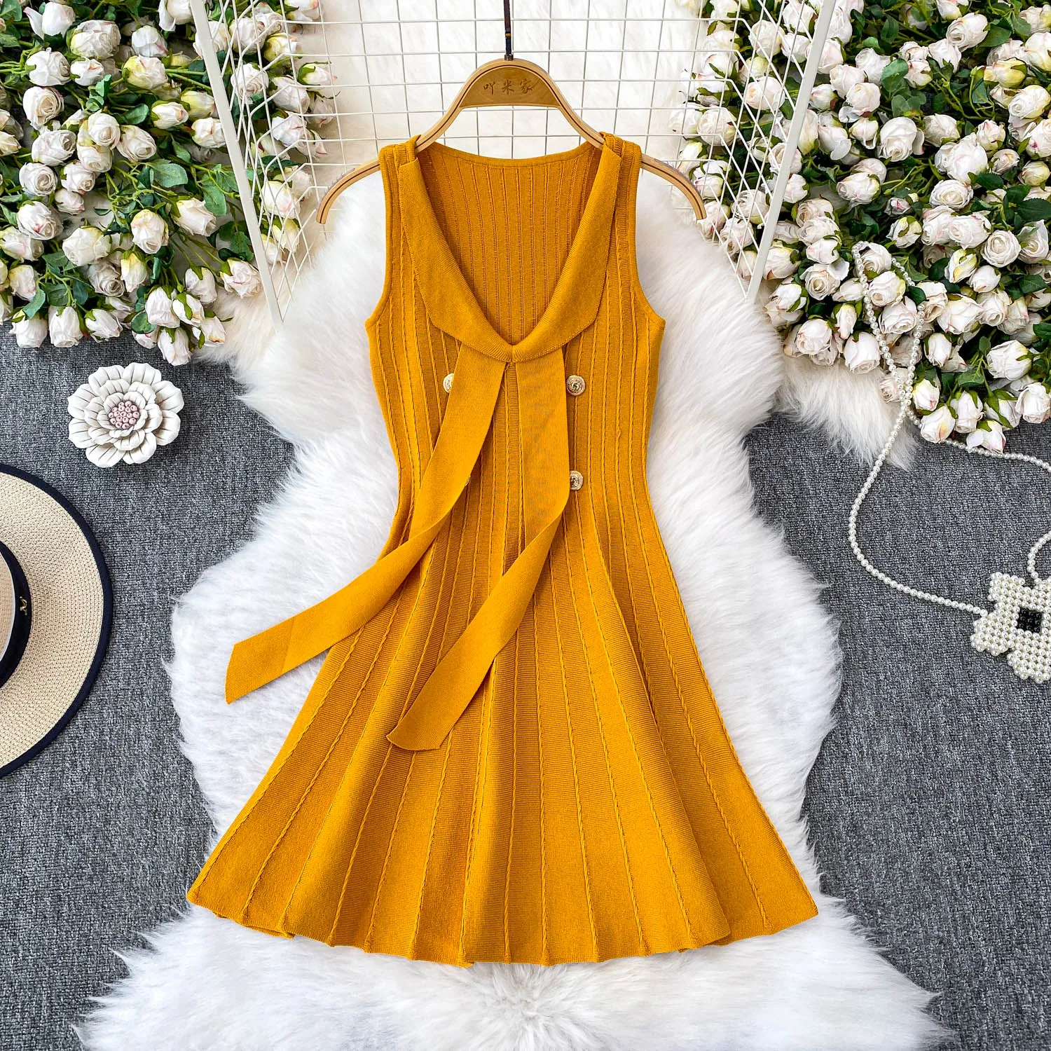 

Женское шикарное платье трапециевидной формы с открытыми плечами и v-образным вырезом на шнуровке, однотонное французское модное вязаное платье, летний эластичный тонкий сарафан