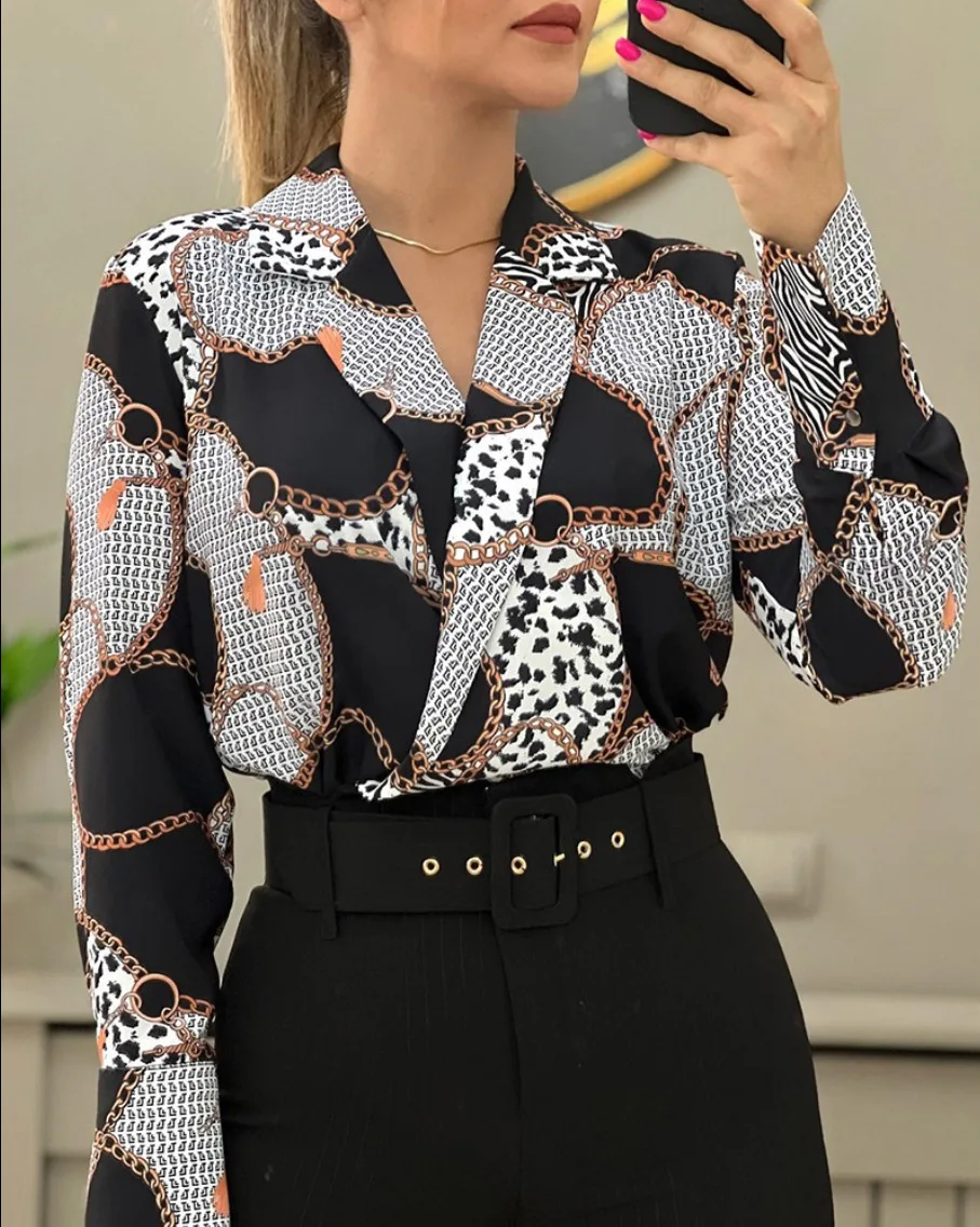 Fashion Long Sleeve V-neck Office Women Tops And Blouses 2023 Autumn Chain Print Casual Elegant Shirts For Women Top Femme