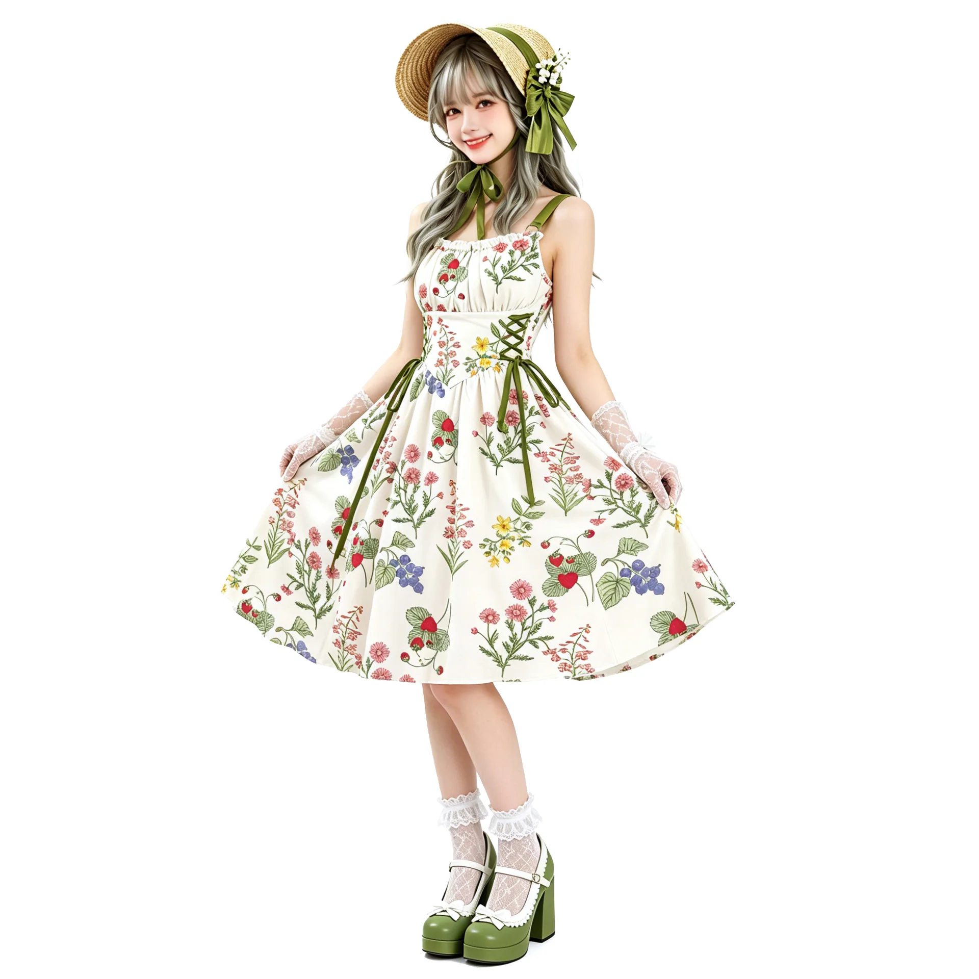 

Hebe Style Floral Print Wrap Waist Strap Dress School Uniform Summer Casual Chinese Production Women's Fashion Dress