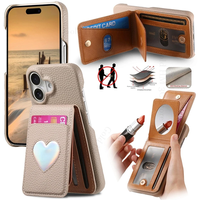 

Laser Love Heart Card Holder Leather Case For iPhone 17 Pro Max Flip Makeup Mirror Book Stand Cover For Apple 16e 15 14 Pro Max