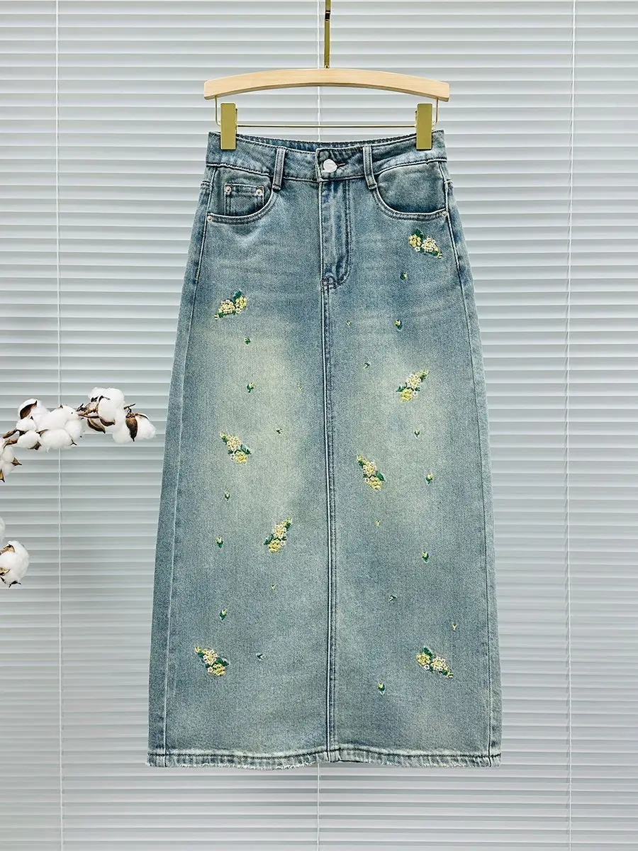 Denim Skirts Embroidery Split Female Vintage Fashion Clothing Casual Spring Summer High Waist A-Line Commute Zipper Midi Skirts