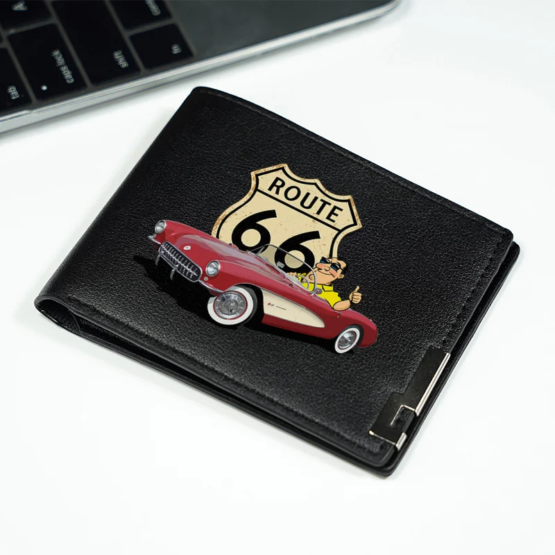 ROUTE 66 Diseño de coche clásico Cartera delgada de PU para hombre Estilo de negocios LUZ duradera Uso diario Accesorios de moda