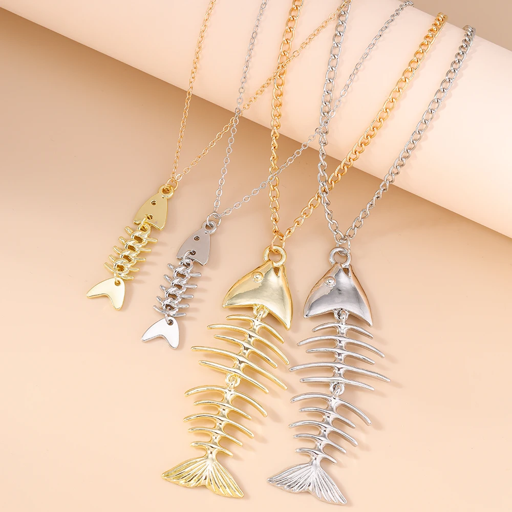 Aihua New Personalized Stainless Steel Fish Bone Pendant Necklace For Women Men  Hip Hop Summer Beach Vacation Jewelry Gifts