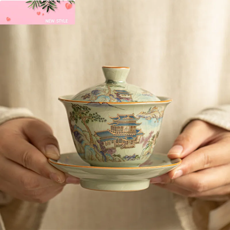 

Chinese Ru Kiln Ceramic Gaiwan Teapot Handmade Landscape Tea Tureen Household Tea Bowl Kettle Travel Portable Teaware Tea Set