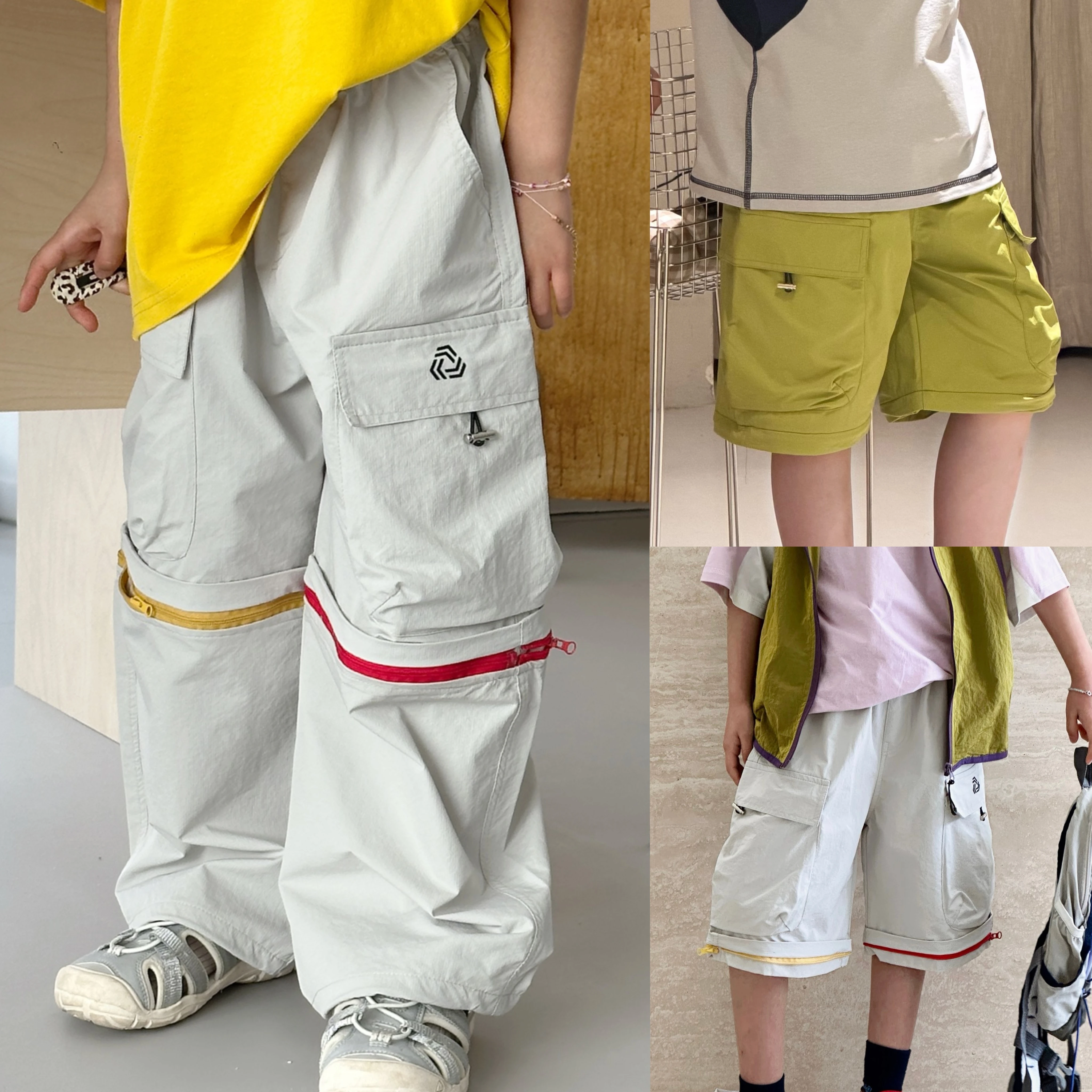 spring-summer-children's-mesh-work-pants-zipper-detachable-long-to-short-lightweight-trousers-unisex-kids-fashion-casual-wear