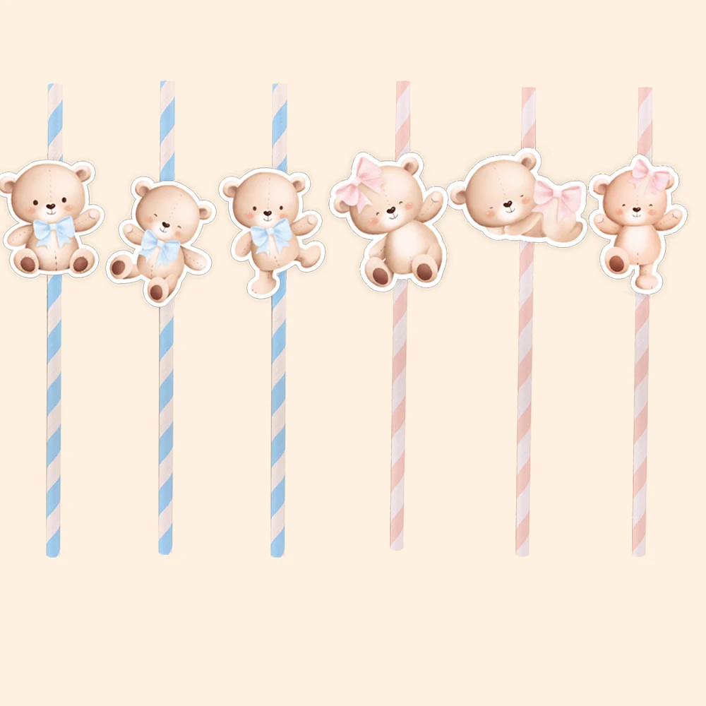 12pcs Carton Blue Pink Bear Straws Eco Striped Straws for Kids Baby Shower Bear Themed Happy Birthday Party Decoration Supply