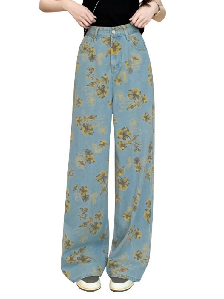 Damskie szerokie jeansy z retro kwiatowym wzorem, luźne, zwiewne spodnie do ziemi, codzienne spodnie dżinsowe z wysokim stanem i prostymi nogawkami.
