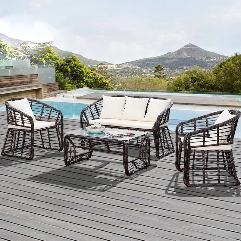 

Outdoor rattan sofa villa leisure pool outdoor cafe tempered glass coffee table combination rough rattan courtyard sofa