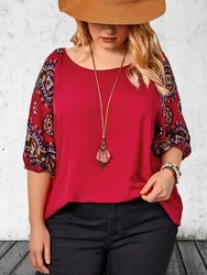 Damska koszulka Plus Size 1XL-5XL Casual Wygodna luźna koszulka z nadrukiem Modny top z okrągłym dekoltem Wszechstronny T-shirt