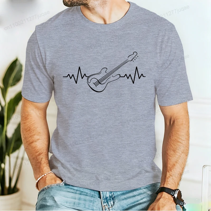 Heartbeat Guitar Print Men T Shirt Casual Short Sleeve T-Shirts Music Guitarist Graphic Tees T-Shirts Summer Fashion Clothing