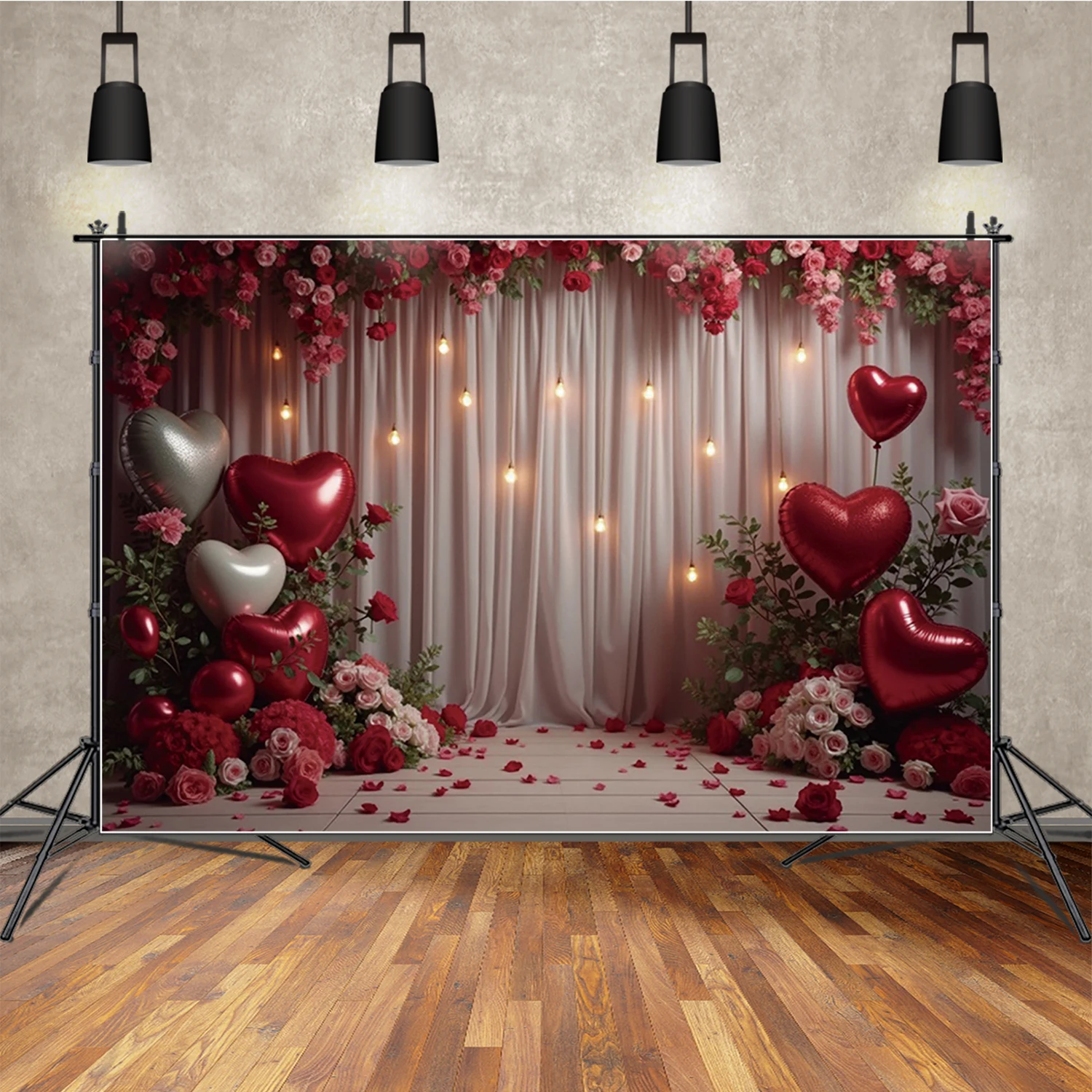 

MOON.QG Valentines Lovers Day Background Photography White Curtain Heart Balloon Glitter Light Photozone Backdrop Wedding Couple