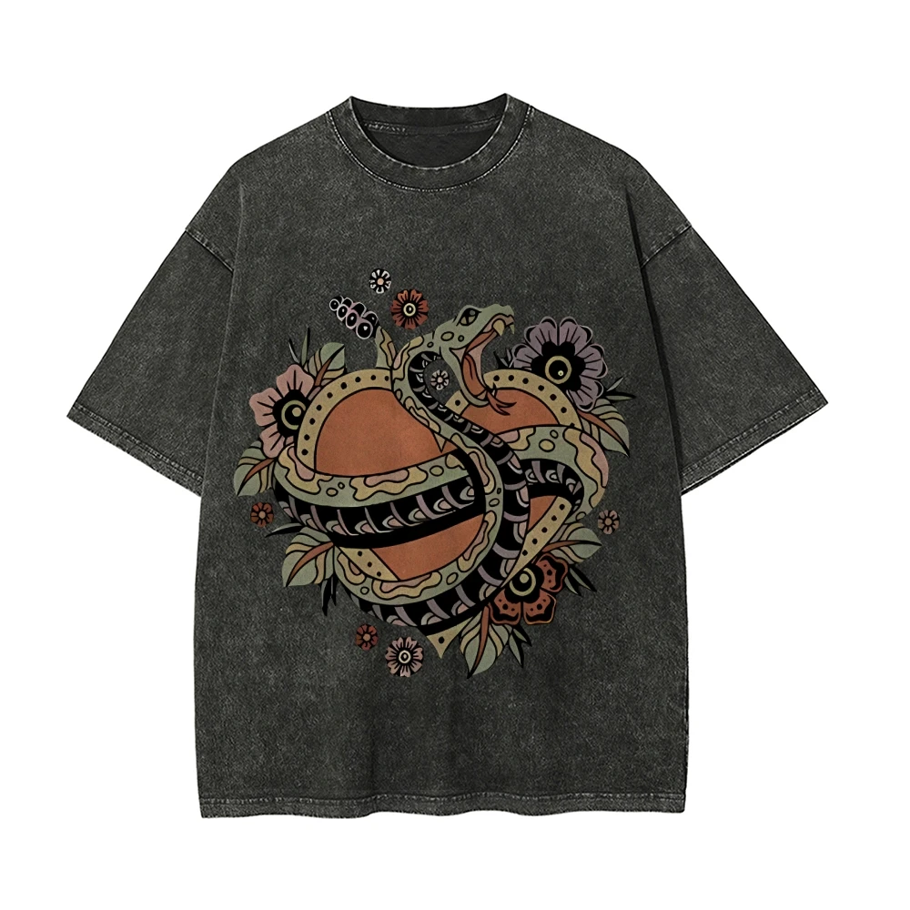 

Snake Wrapped Around a Brown Circle with Roses and Lilies Vintage Oversized T-Shirt, All Seasons Gothic Y2k Short Sleeve T-Shirt