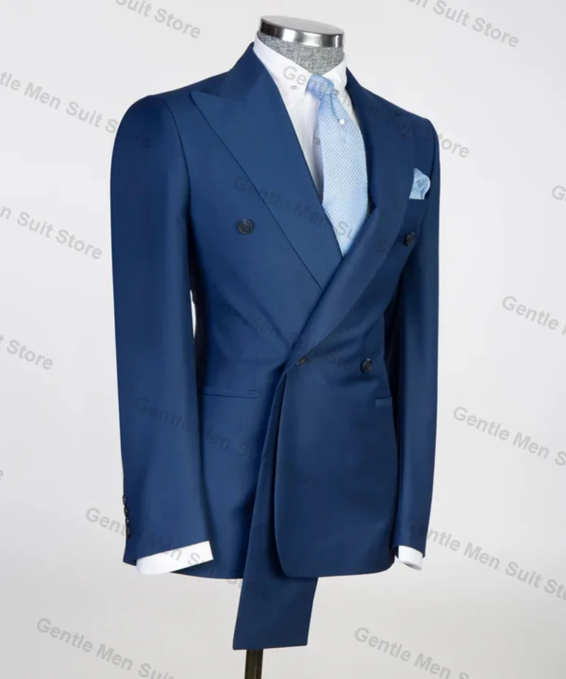 Formal Blue Men Suits Set 2 Piece Cotton Blazer+Pant Business Office Prom Groom Wedding Tuxedo Coat Tailored Made Jacket