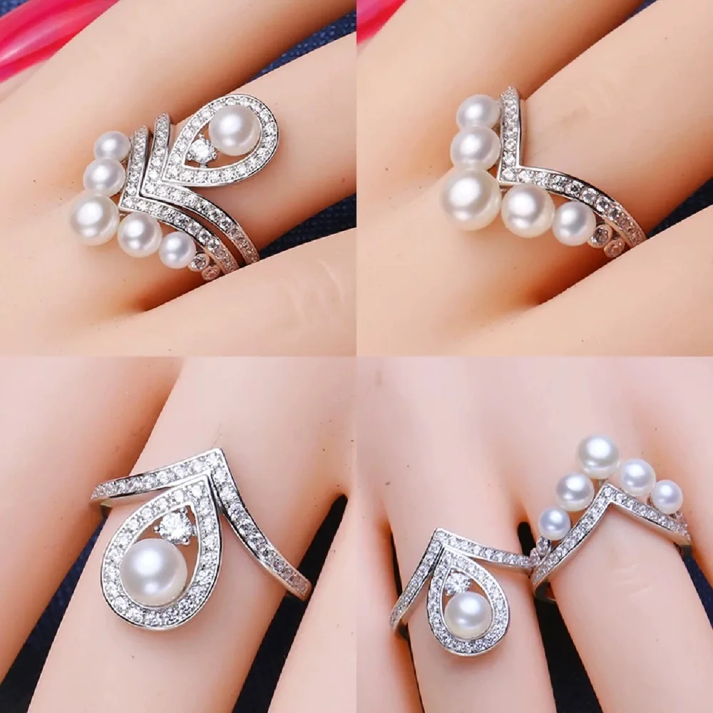 

Изысканное кольцо с натуральным жемчугом AAAA 4-6 мм, регулируемое, из серебра 925 пробы.