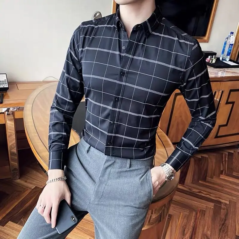 

Рубашка с длинными рукавами в клетку в стиле ретро, мужская элитная деловая повседневная официальная рубашка, тонкая рубашка для свадьбы, офиса, уличная одежда