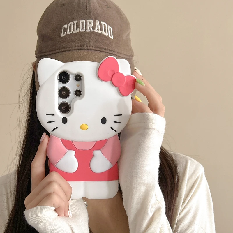 Cute Cartoon Sanrio Hello Kitty 3D Stereoscopic Phone Case For Samsung Galaxy S 24 23 22 Ultra Puls Soft Silicone Cover