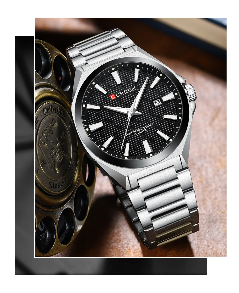 CURREN Luxus-Herren-Quarzuhr mit schwarzem Edelstahlarmband, lässigem Design-Zifferblatt und leuchtenden Zeigern Relogio Masculino – Detail 12