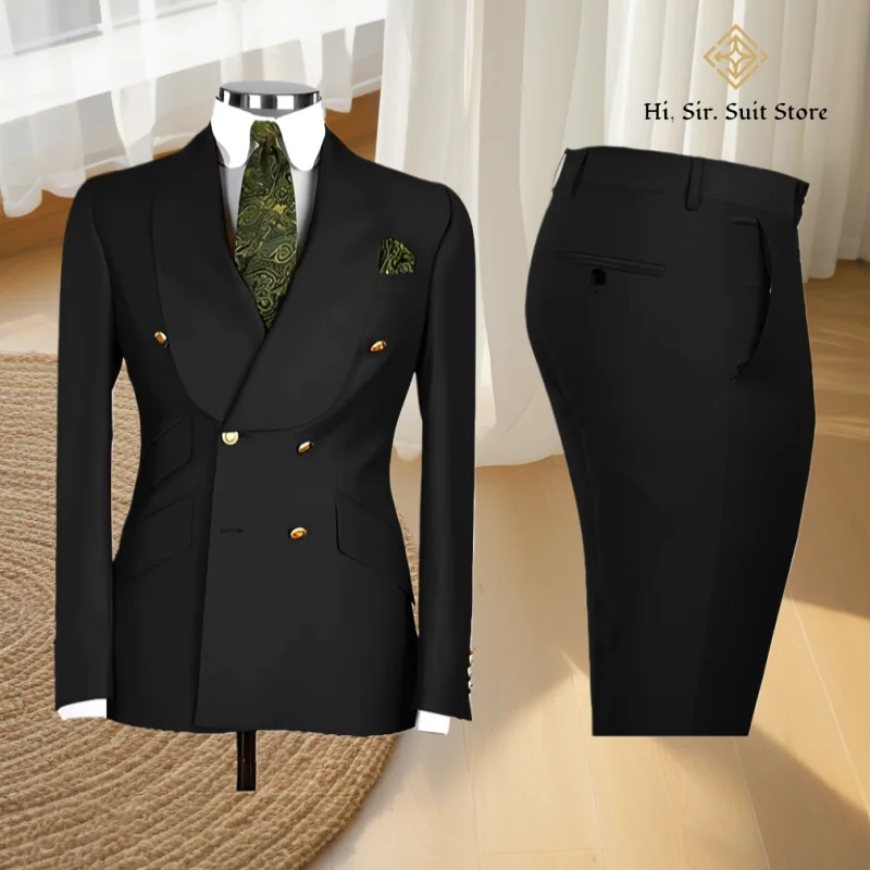 Горячие синие мужские костюмы Шикарный двубортный пиджак с пиковыми лацканами Элегантный деловой комплект Мужской 2-х предметный пиджак Брюки Свадебные смокинги для жениха