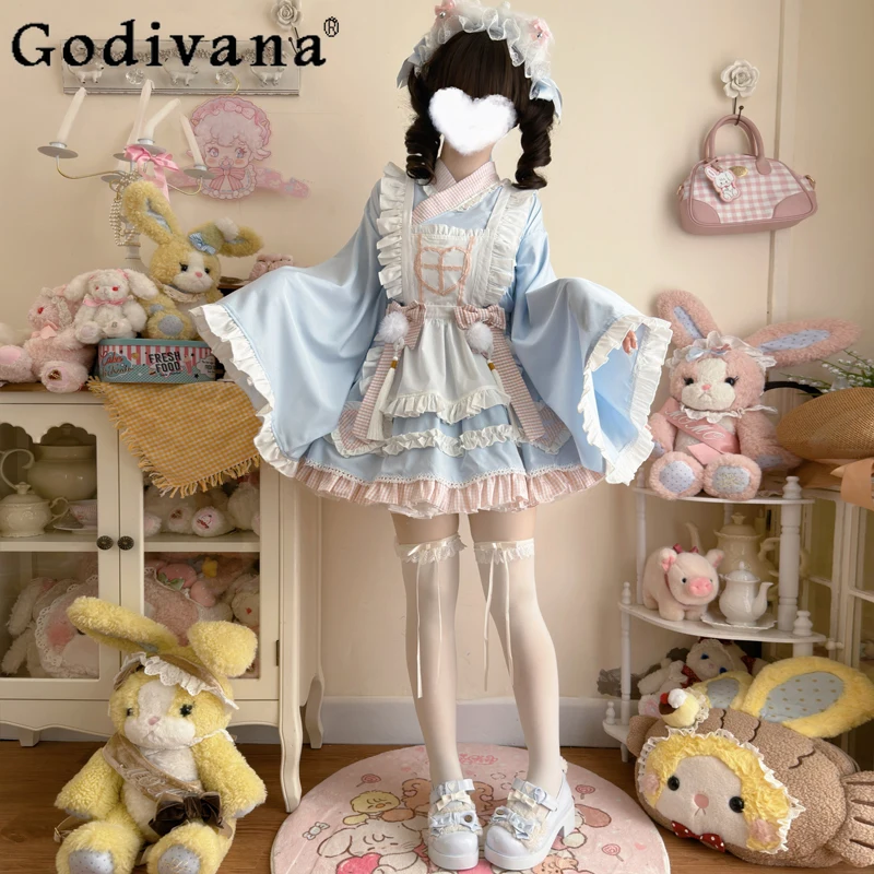 

Japanese Style Ruffled Edge Lolita Maid Dress Autumn New Fashion Girly Sweet Cute Dress High Waist Slim-Fit Dress Suit Women