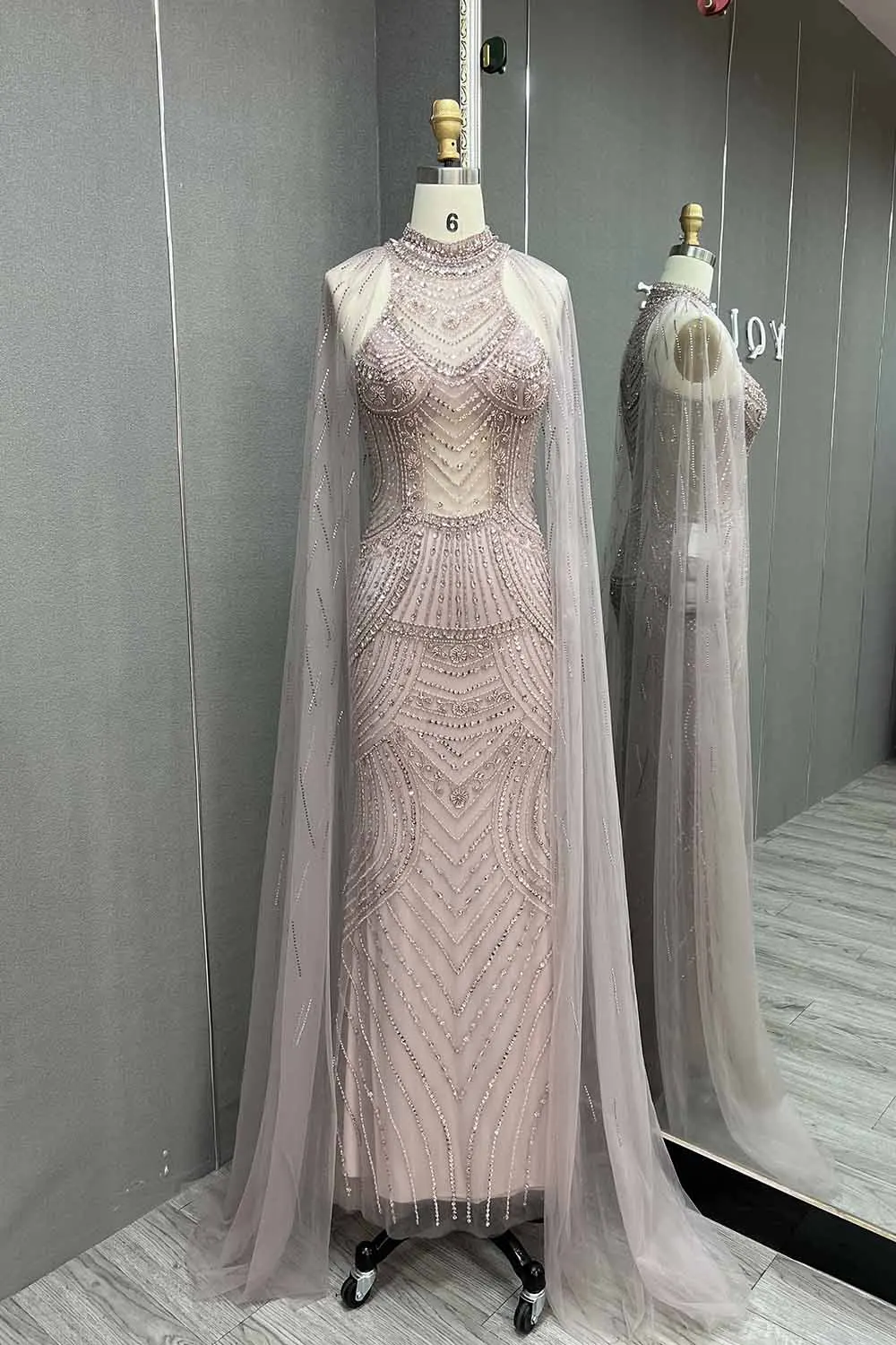 YQLNNE Dusty Pink High Collar Crystals Evening Dresses Mermaid Tulle Formal Party Gown Removeable Sleeves