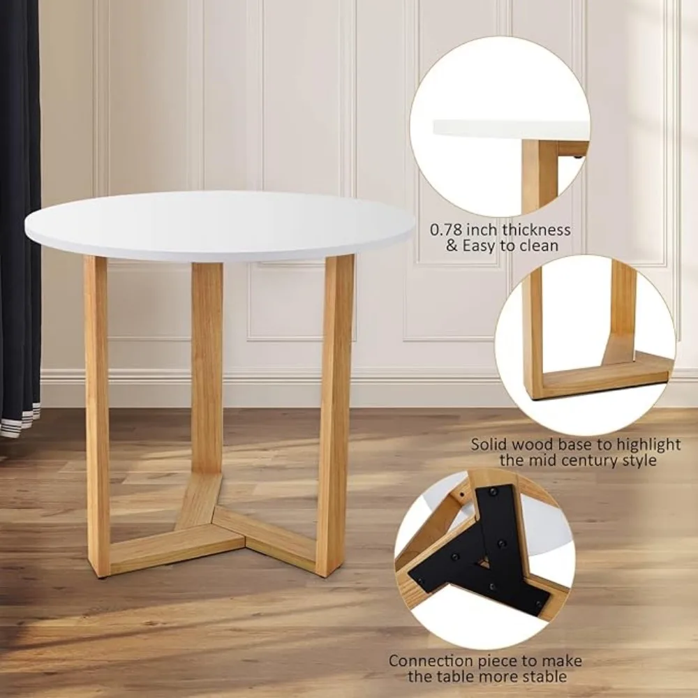 31,5" ronde eettafelset voor 2 personen, moderne kleine keukentafel uit het midden van de eeuw met houten poten en rotan eetkamerstoelen, set van 2