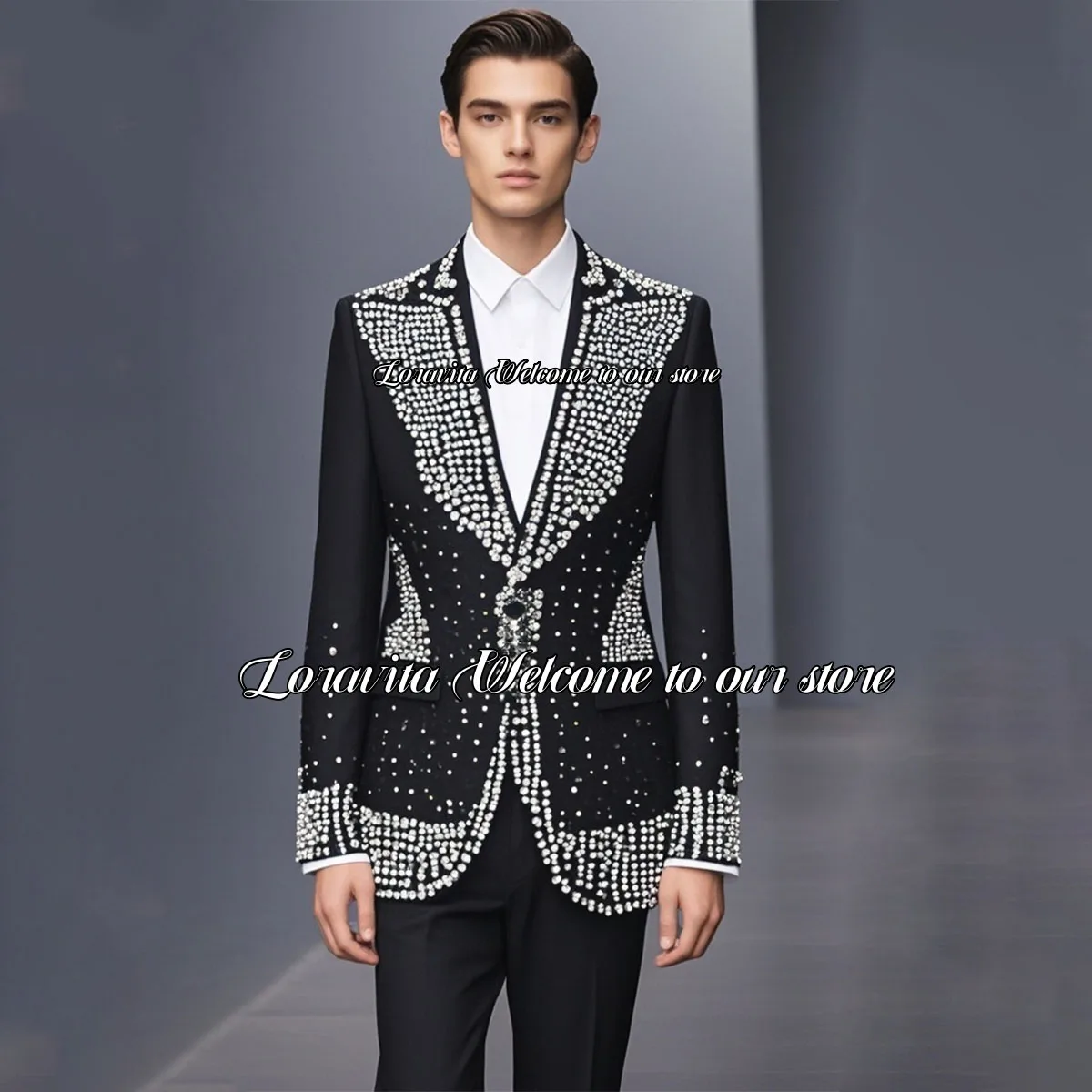 Luxury Sparkling Crystals Beading Men Suits Slim Fit Male Prom Blazers 2 Pieces Sets Groom Wedding Tuxedos trajes para hombre