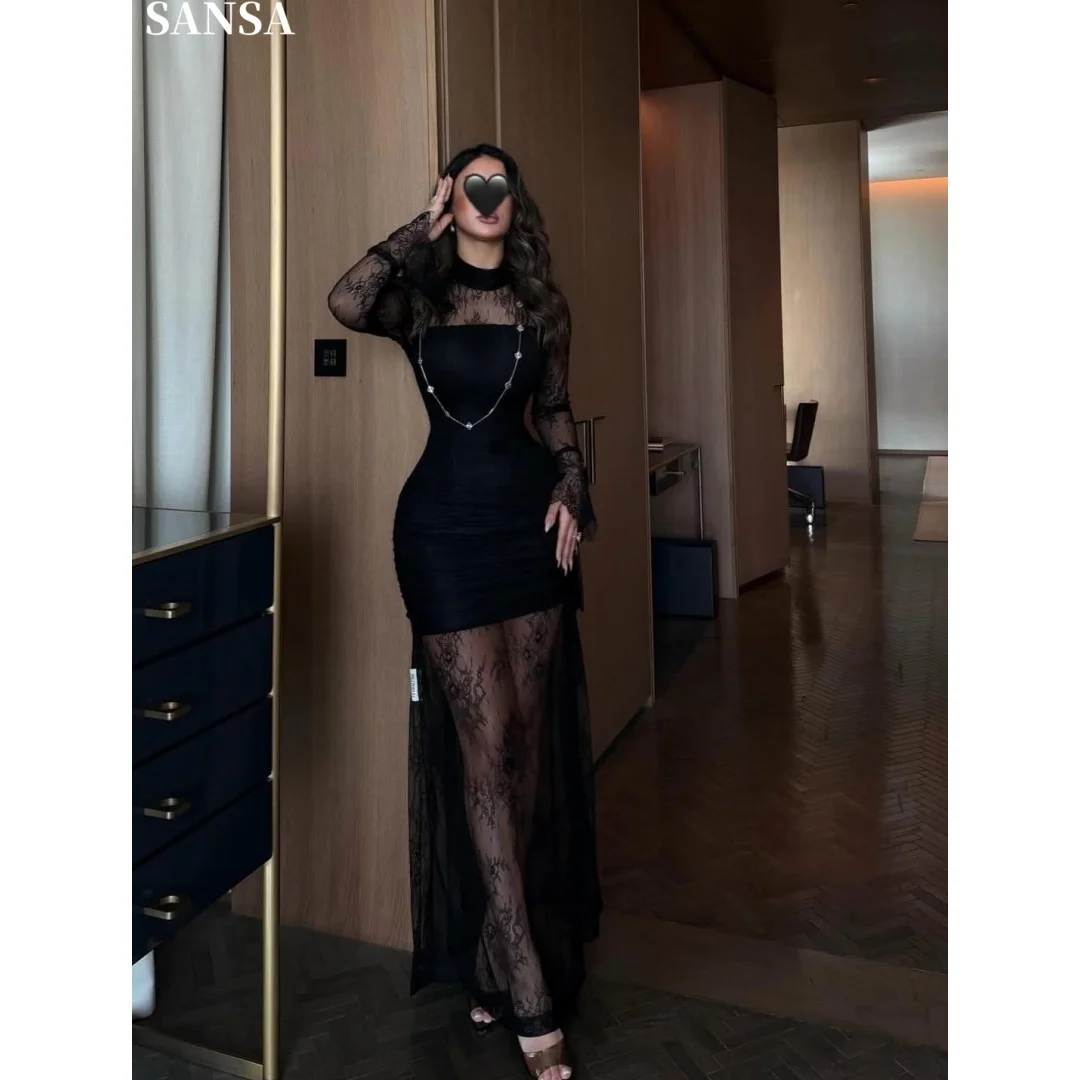 Sansa Customized Black Lace Turtleneck Long Sleeve Dual Layer Design Fitted Waist See Through Outer Maxi Train Slim Evening Dres
