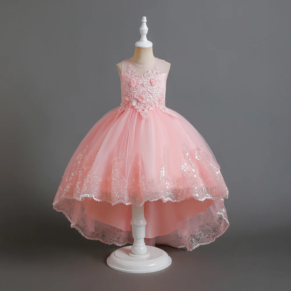 Luxury Shiny Princess Ball gown for girls Rose pattern flower girl wedding dress long tail pink birthday dresses for 3 to 12Year