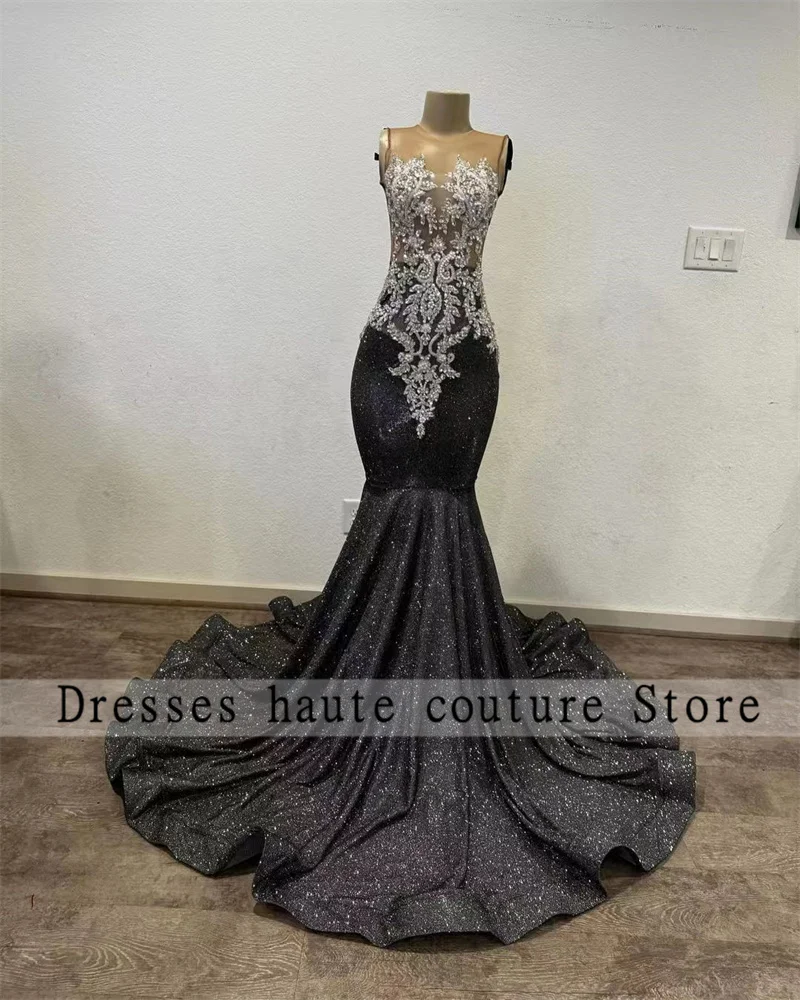 Customized Balck Sequins Mermaid Prom Dress For Black Girls 2025 Silver Crystal Appliques Birthday Party Gown robes de soirée