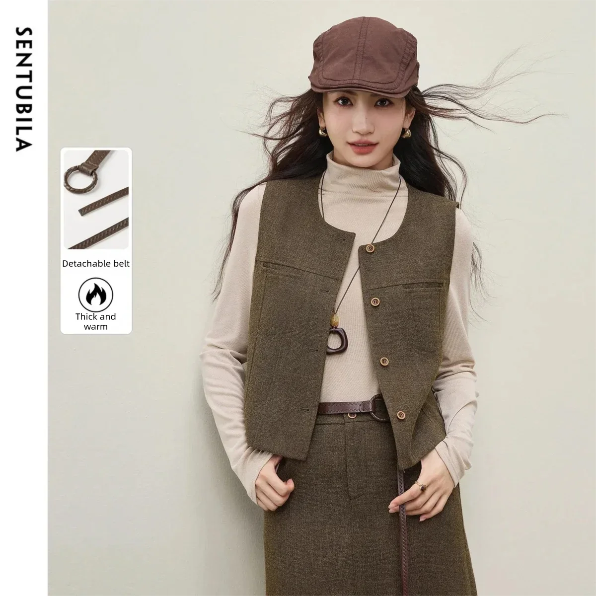 

SENTUBILA жилет для женщин, зима 2025 года, съемный пояс контрастного цвета, короткий жилет, утепленное офисное женское пальто 152JA4869